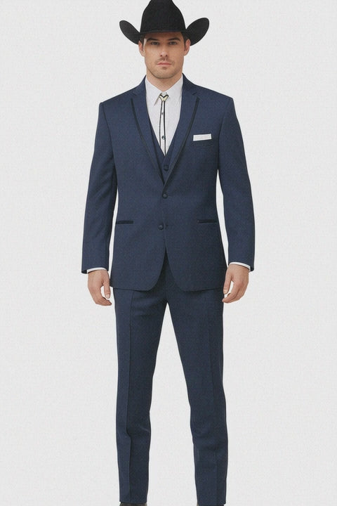 2 Button Vested Satin Trim Lapel Cowboy Tuxedo in Navy