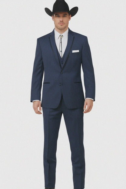 2 Button Vested Satin Trim Lapel Cowboy Tuxedo in Navy