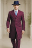 Mens Burgundy Pinstripe Suit – Classic Long Coat Style with White Stripes