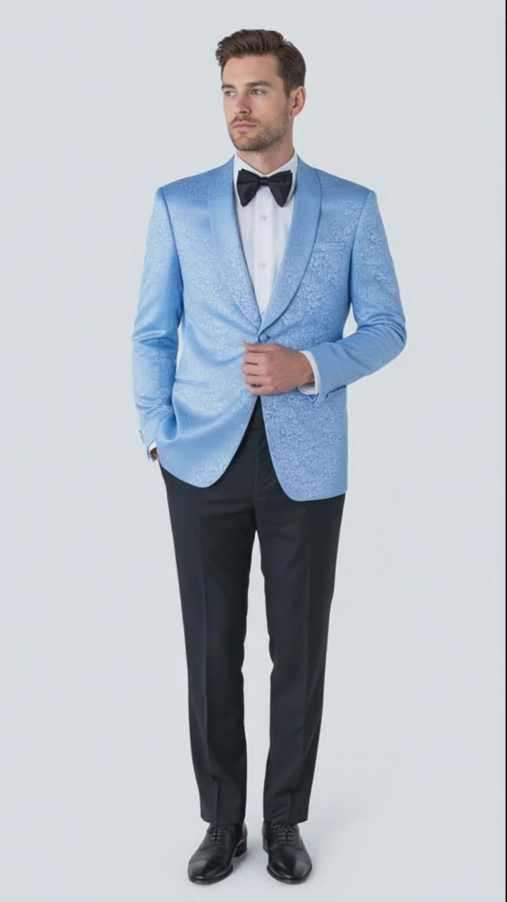 Men’s Light Blue Paisley Tuxedo Jacket – Elegant Satin Shawl Lapel Dinner Blazer for Weddings, Proms in Sky Powder Blue Color Bowtie