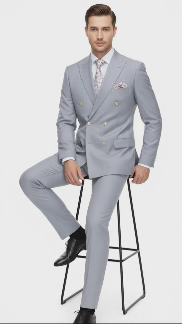 Mens Silver Grey Double-Breasted 3-Piece Suit – Classic Tailored Fit with Peak Lapel and Gold Buttons for Weddings, Church and Formal Events