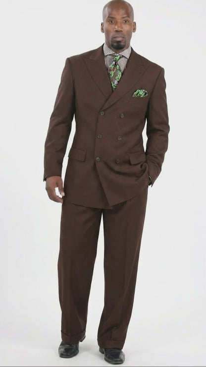 Men’s 6 on 3 Style Brown Double Breasted Suit with Wide Leg Pleated Pants, Classic Formal 2 Piece Dress Suit Set