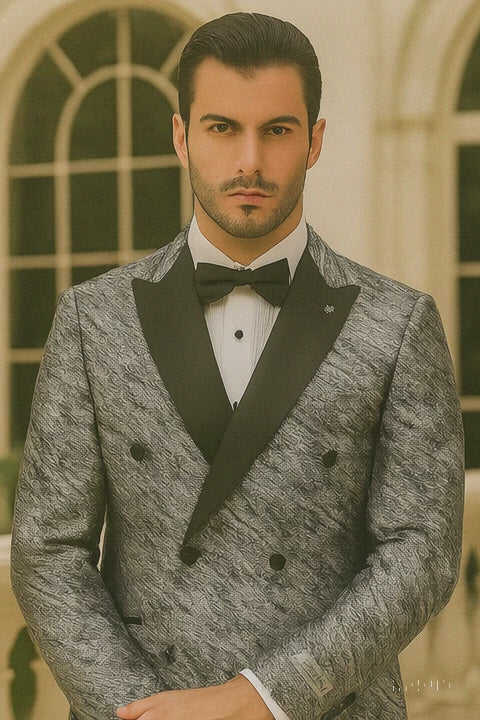 Silver Double Breasted Rough Streak Pattern Satin Peak Lapel Stacy Adams Men's Jacket