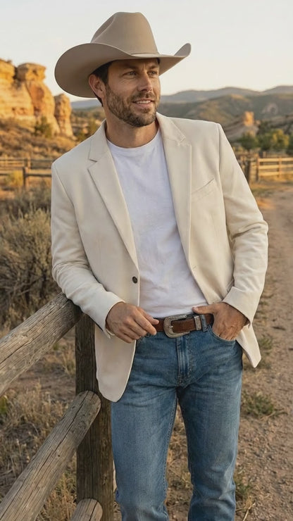 Men’s Off White Casual Blazer – Classic Western Style Lightweight Summer Cowboy Jacket Casual Ivory Cream Color