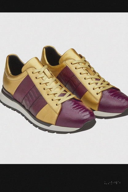 Men's Belvedere Blake Calf & Ostrich Leg Dress Sneaker in Purple & Gold