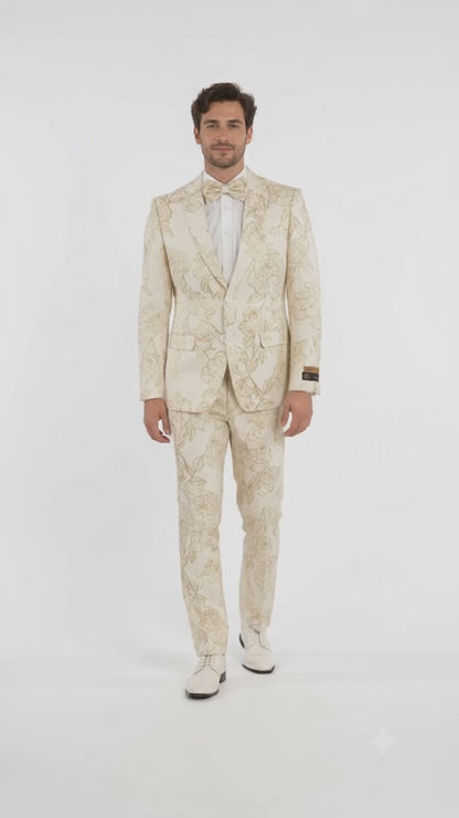 Mens 2 Button Ivory & Gold Foil Floral Paisley Prom & Wedding Tuxedo