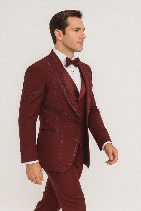 Men’s Burgundy Italian Wool 3-Piece Modern Formal Tuxedo