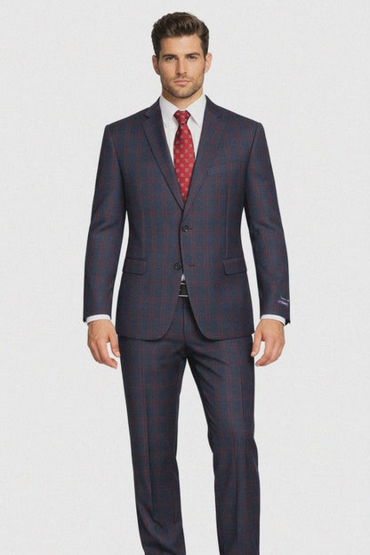 Mens Plaid Suits - Windowpane Wool Suits - Navy Blue with Dark Burgundy Pattern - Business Suit  in Classic Fit