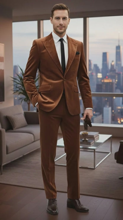 Mens Brown Velvet 2-Piece Suit – Luxury Slim Fit Formal Blazer and Pants Set in Rust Copper Color