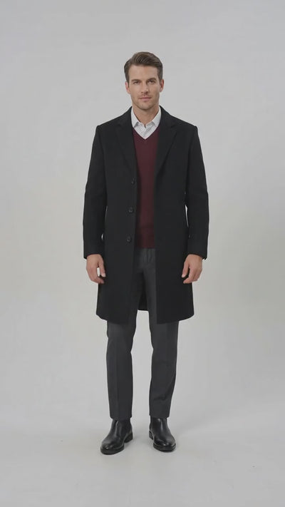 Men’s Big and Tall Black Cashmere Overcoat – Full-Length Winter Dress Coat for Business and Formal Wear