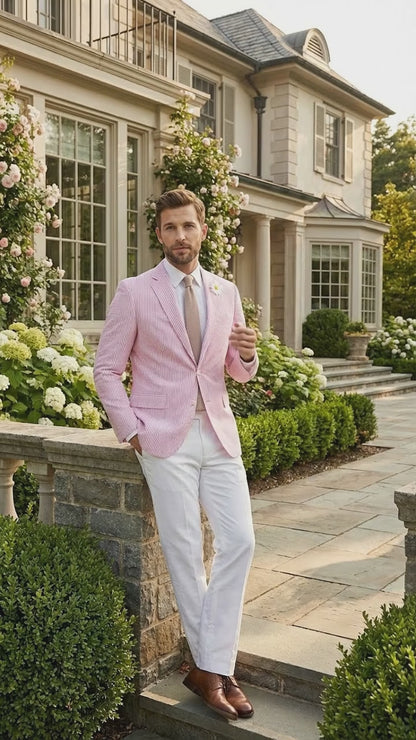 Mens Pink Seersucker Blazer – Lightweight Striped Summer Sport Coat Casual Smart Formal Jacket