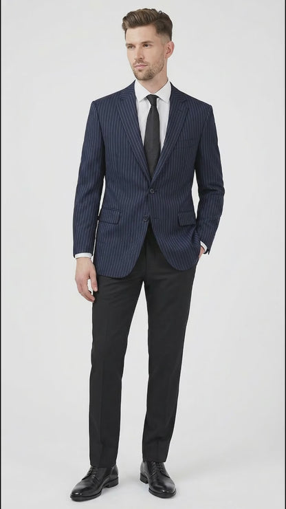 Men’s Navy Blue Pinstripe Blazer – Classic Tailored Formal Jacket for Business, Office and Professional Wear