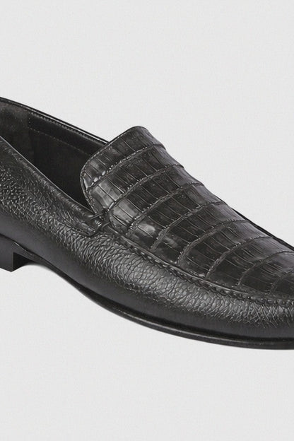 Men’s Executive Black Slip-On Shoes – Genuine Crocodile & Calfskin Leather
