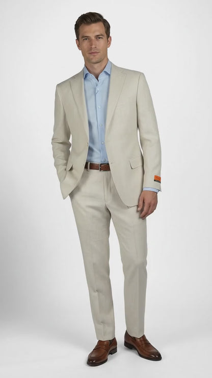Mens Real ENZO Tovare Linen Spring Summer Suit – Lightweight Breathable Light Beige Wedding Suit
