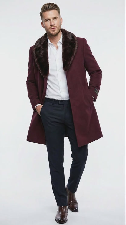 Men’s Burgundy Three Quarter Coat with Faux Fur Collar Overcoat – Luxury Winter Outerwear Three Quarter Carcoat Topcoat