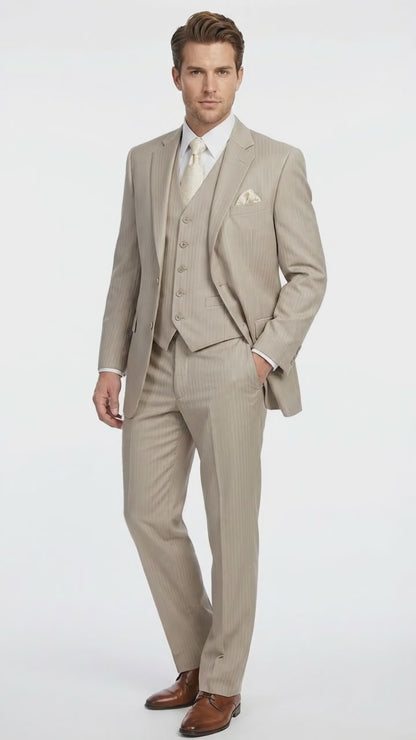 Men’s Tan Pinstripe Three Piece Suit – Classic Fit Pleated Pants  Tan Sand Beige Wedding, Church Shadow Ton on Tone  Business Suit for Men