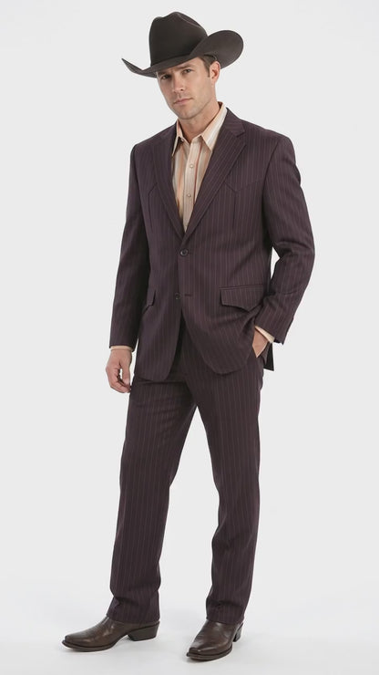 Men’s Brownish Black Pinstripe Western Suit, Cowboy Formal Wedding Ranch Dress Suit Set Slim Fitted