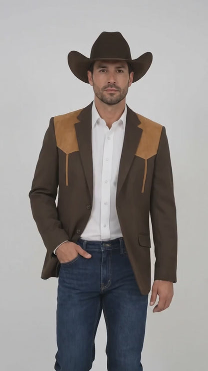 Men’s Chocolate Brown Western Blazer – Cowboy Sport Coat with Tan Suede Yoke for Rodeo & Country Wear