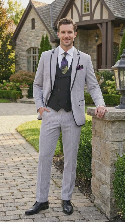 Mens Black and White Pinstripe Wedding Tuxedo Suit – Three Piece Formal Suit Set with Contrast Trim for Groom, Prom - Seersucker Summer Suit
