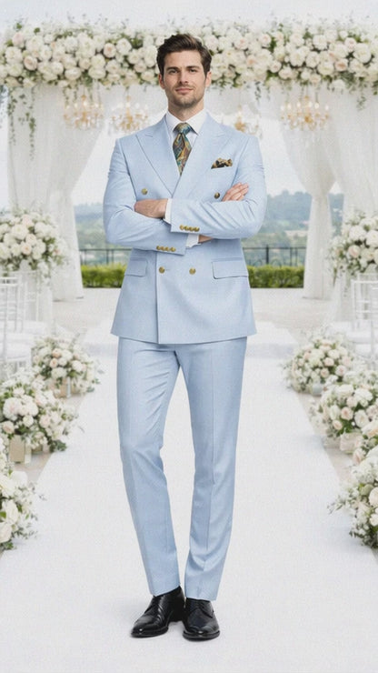 Rossiman Men’s Light Blue Slim Fit Suit – Elegant Double-Breasted Design