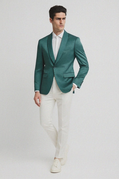 Men’s Teal Green Floral Jacquard Blazer – Slim Fit Tuxedo Jacket for Weddings, Proms, and Parties