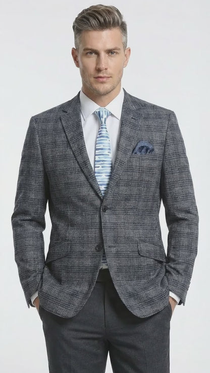 Mens Charcoal Gray with Blue Plaid Pattern Blazer Jacket – Classic Check Pattern Sport Coat for Business, Office, and Smart Casual Wear