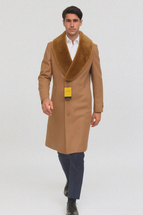 Mens Full Length And Cashmere Overcoat - Winter Topcoats - Light Brown Coat - Dark Camel - Vecuna Color