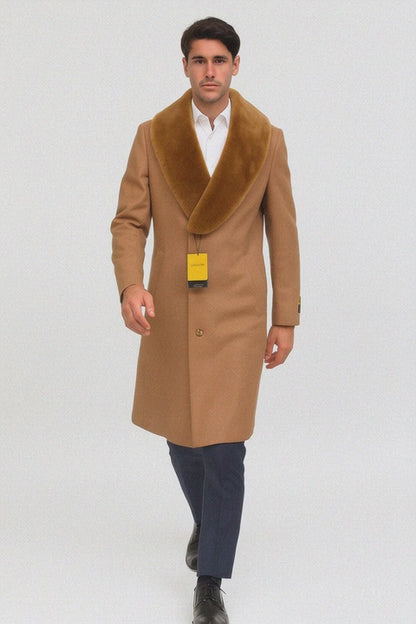 Mens Full Length And Cashmere Overcoat - Winter Topcoats - Light Brown Coat - Dark Camel - Vecuna Color
