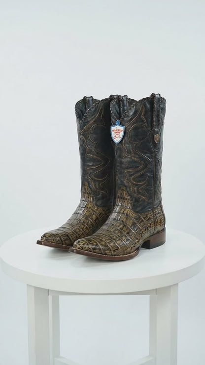 Men’s Wild West Brown Caiman Belly Skin 3X Toe Cowboy Boots, Exotic Western Dress Boots 29582-B