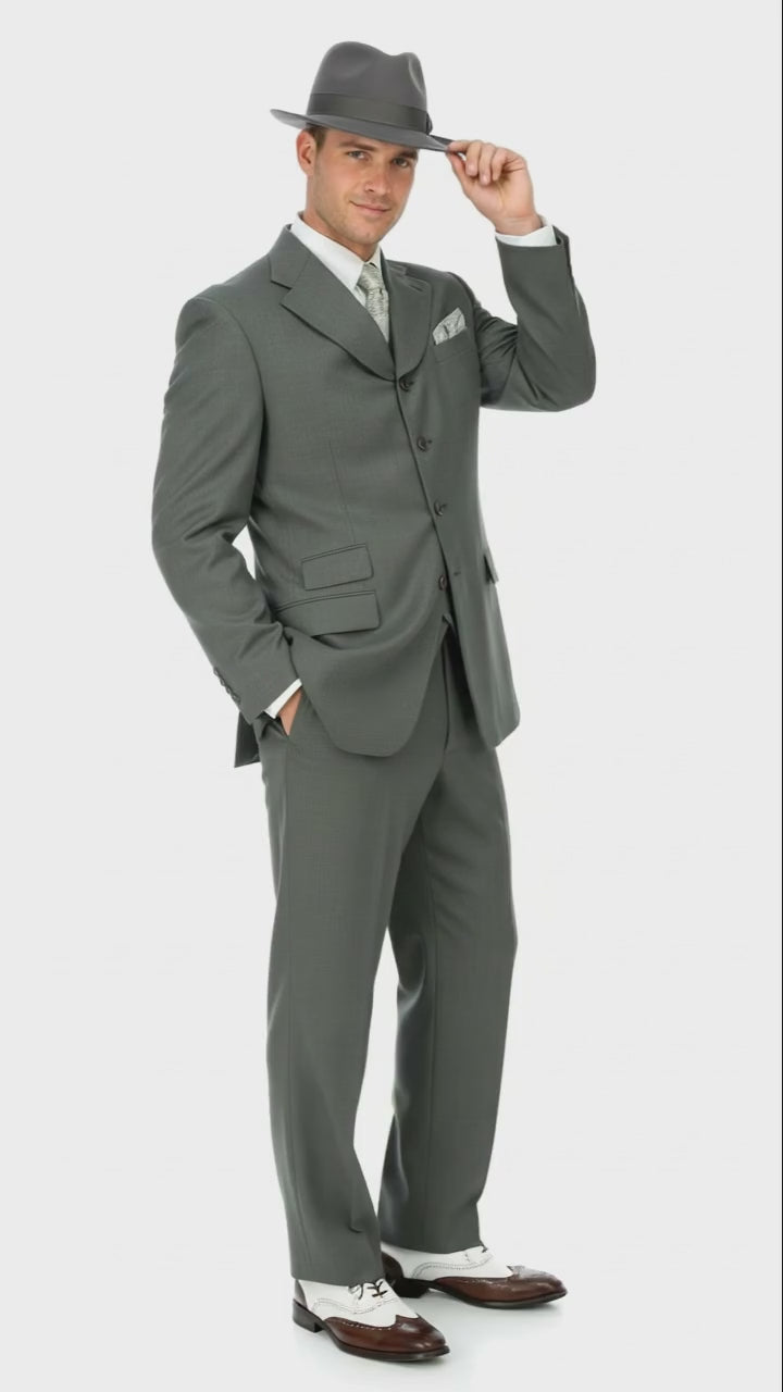 Men’s 1920s Gray Zoot Suit  – 4 Buttons  Gangster Wide Lapel Long Jacket 3-Piece Suit in Grey Color Classic Fit Pleated Pants