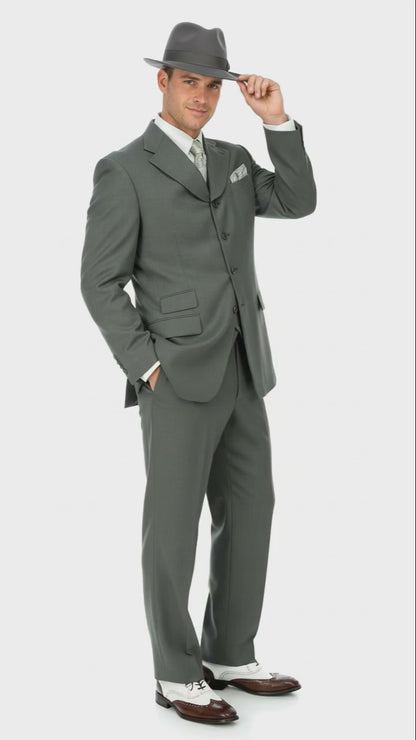 Men’s 1920s Gray Zoot Suit  – 4 Buttons  Gangster Wide Lapel Long Jacket 3-Piece Suit in Grey Color Classic Fit Pleated Pants