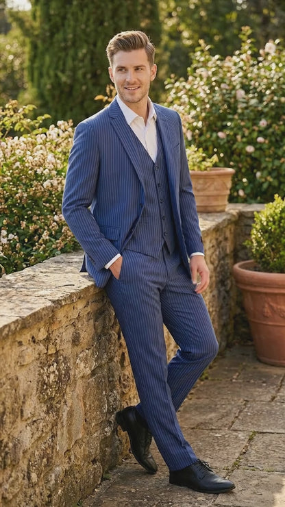 Men’s Royal Blue Pinstripe Three Piece Suit – Classic Formal 3PC Business and Wedding Suit Indigo Teal Saphire Pinstripe
