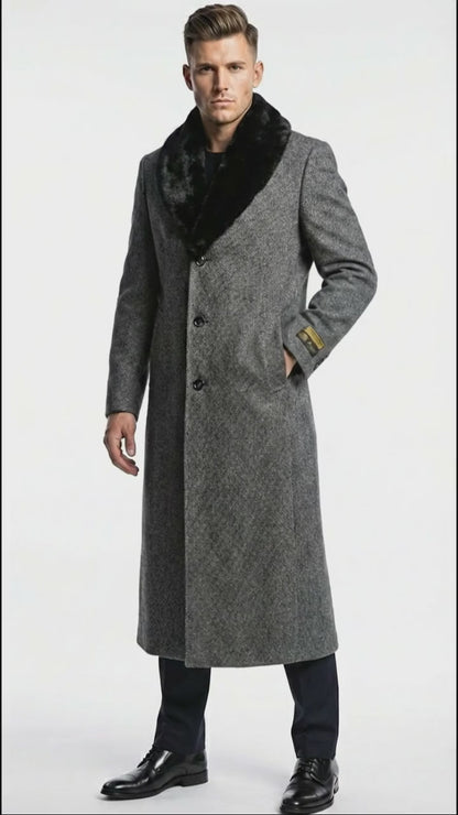 Men's Grey Herringbone Tweed Long Overcoat with Black Faux Fur Collar, Classic Winter Topcoat