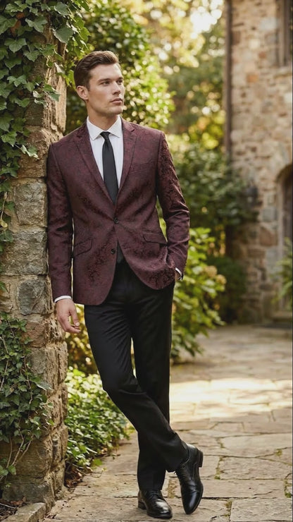 Men’s Burgundy Paisley Blazer Sport Coat – Velvet Dinner Jacket floral in Maroon Wine Color Ultra Slim Fit Smoking Jacket