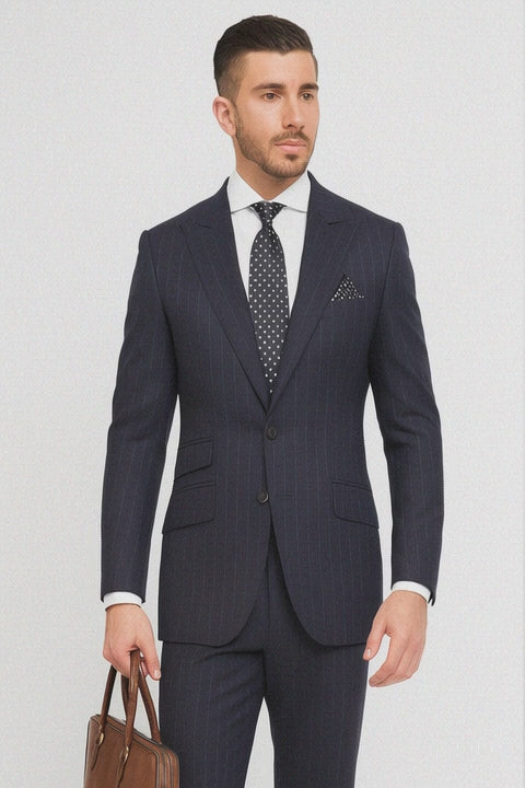 Statement Suits - Wool Suits - Peak Lapel Suits - Ticket Pocket - Modern Fit - Charcoal Stripe Suit