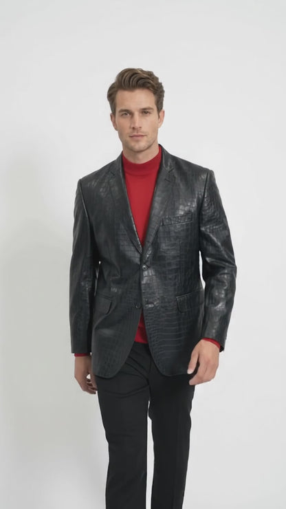 Zacchi Men’s Black Alligator Leatherette Jacket, Mickey Crocodile Print 2 Button Blazer