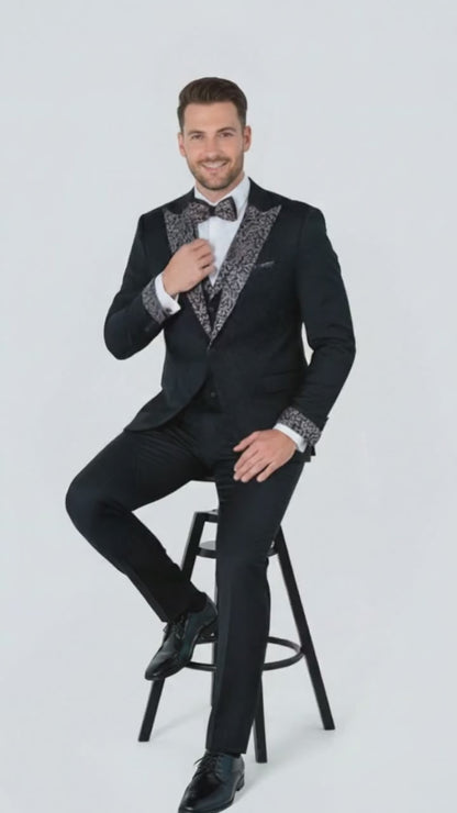 Men's Black and White Silver Embellished Tuxedo Suit + Bowtie 3-Piece Formal Wedding, Prom, and Gala Outfit