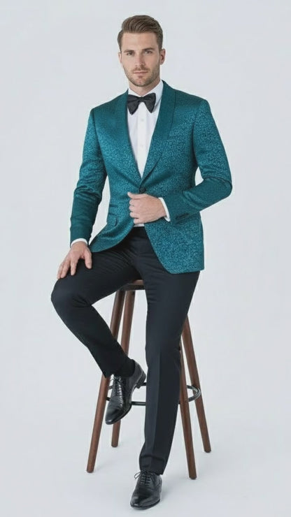 Mens Teal Blue Paisley Tuxedo Jacket – Elegant Shawl Lapel Dinner Blazer for Weddings, Prom and Formal Events - Greenish Blue