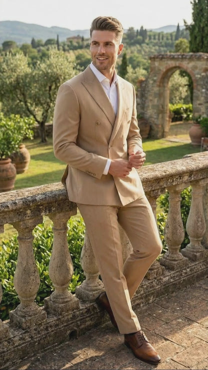 Vitali Brand Men’s Beige Double Breasted Suit – Classic Wedding, Prom & Party Wear Formal Outfit Khaki Camel Color