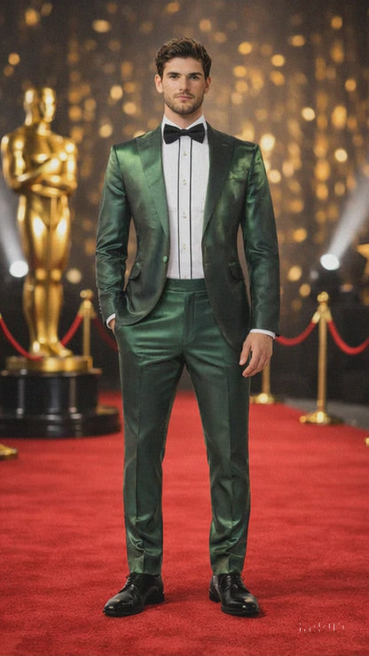 Rossiman Men’s Green Sateen Suit – Glossy Finish with Modern Flair