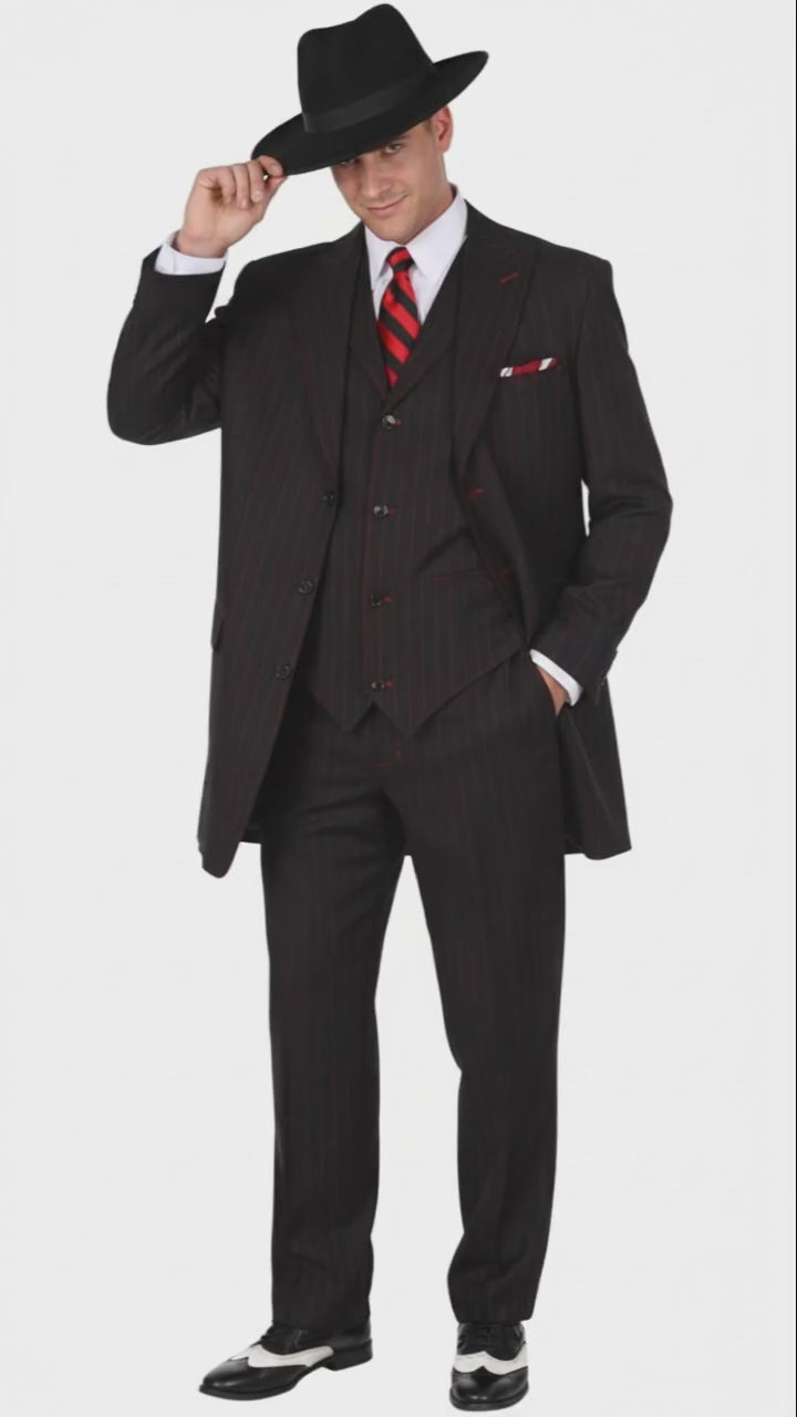 Mens Black and Red Pinstripe Zoot Suit – 1920s Gangster Vintage 3-Piece Suit for Formal, Prom, and Themed Events