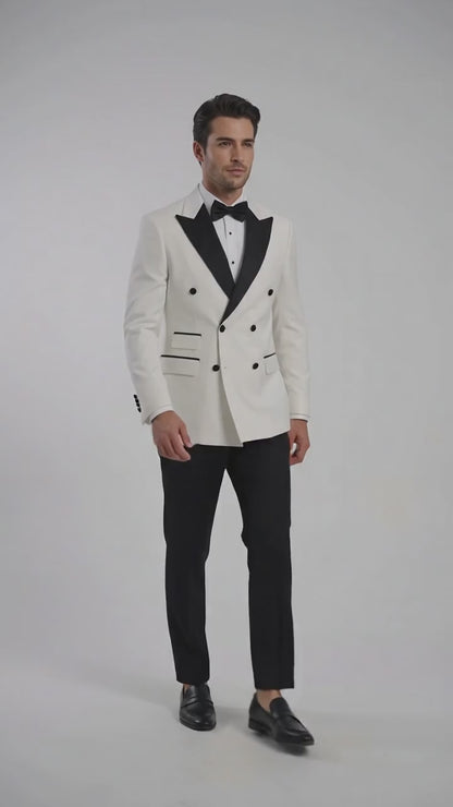 Men’s Vintage Hollywood Ivory Double-Breasted Tuxedo – Black Peak Lapel Wedding and Formal Suit