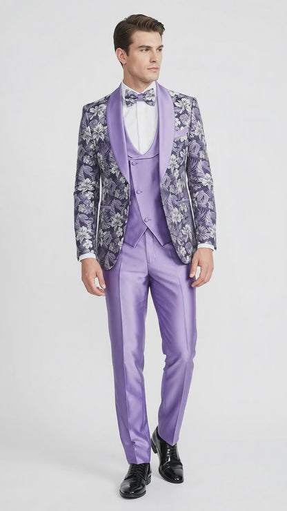 Men’s Lilac Lavender Prom Suit – Floral Shawl Lapel 3 Piece Tuxedo with Matching Vest and Pants
