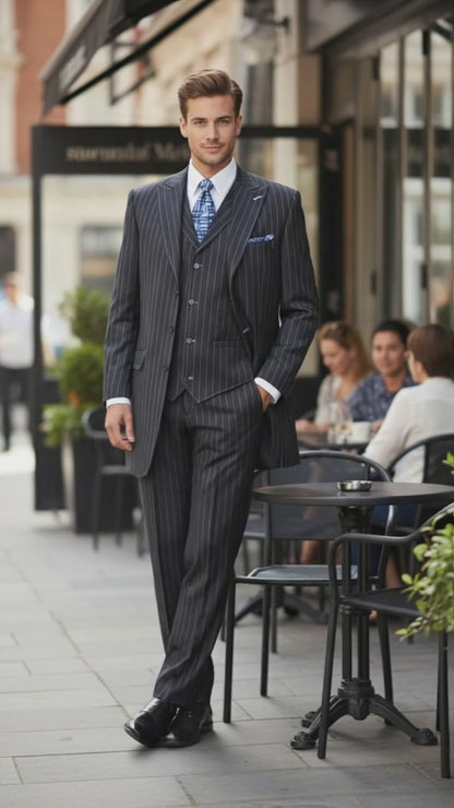 Men's Three Button Suits -  Navy Blue Pinstripe Three-Piece Suit – Classic Business and Formal Wear with Tailored Fit
