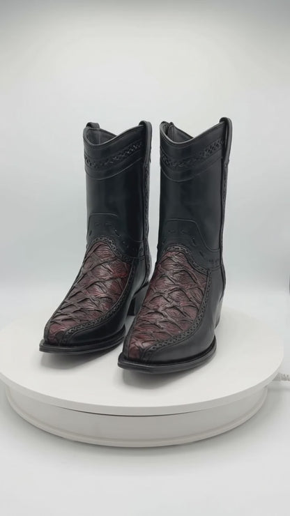 Los Altos Men's Genuine Monster Fish Skin Short Boots – Black Cherry Exotic Leather European Toe Western Cowboy Boots