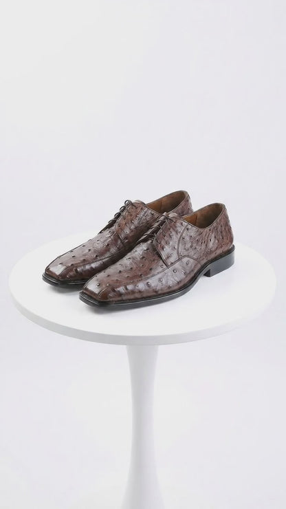 Men’s Los Altos Brown Full Quill Ostrich Dress Shoes with Bicycle Toe and Lace Up Front
