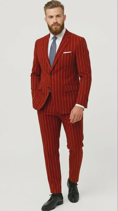 Men’s Red Pinstripe Suit – Stripe Two-Button Vested Suit 2 Buttons