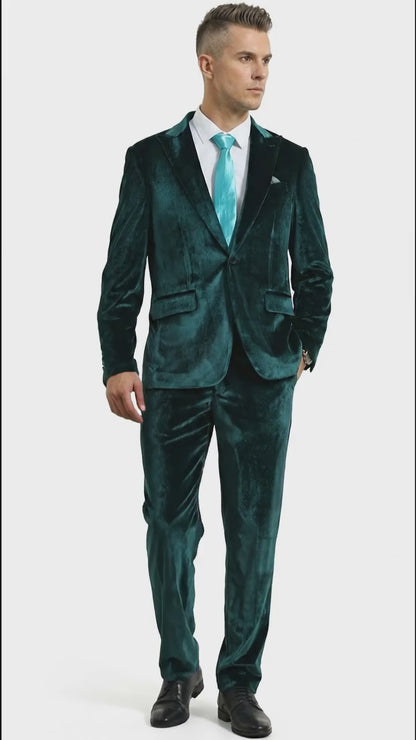 Mens Emerald Green Teal Blue Velvet Suit – Luxury Two Piece Formal Evening Suit