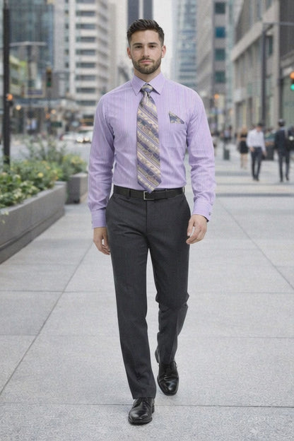 Men's Tonal Stripe French Cuff Dress Shirt, Tie & Hanky Set in Lavender