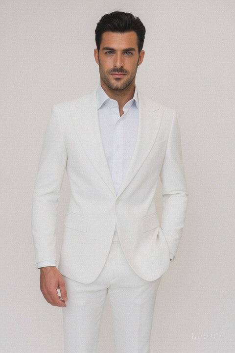 Seersucker Suit Peak Lapel Suit in Color "White" - Summer Fabric Tone on Tone Shadow Stripe By Rossiman